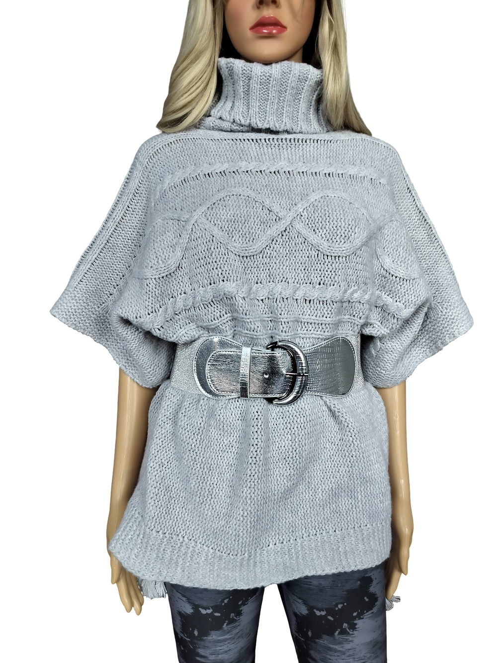 Serra Light Gray Cable Knit Turtleneck Poncho Sweater NWOT